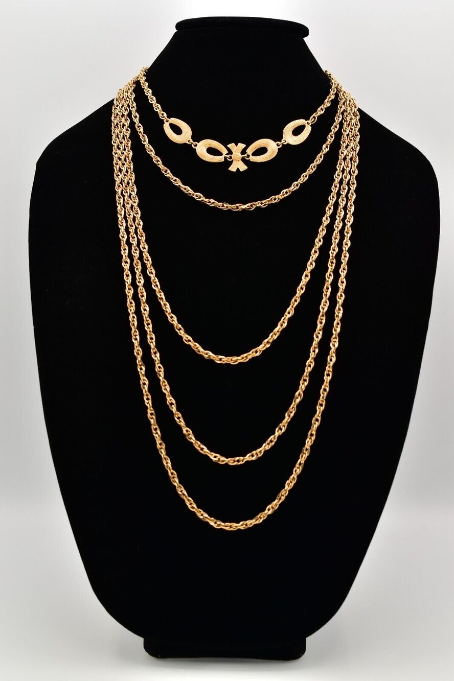 Monet Vintage Layered Necklace Tiered Multi-Chain Gold Chunky Signed 70s BinA17